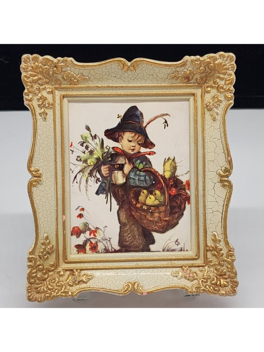 Vintage Gold Ornate Crackle Frame With Child & Basket Print Lightweight Plastic
